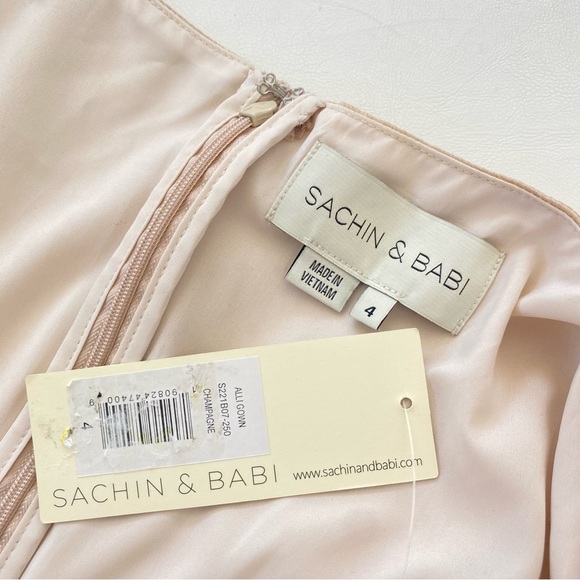 Sachin + & Babi Alli Puff Sleeve Champagne Gown Dress 4 V Neck Textured Satin - Picture 3 of 11